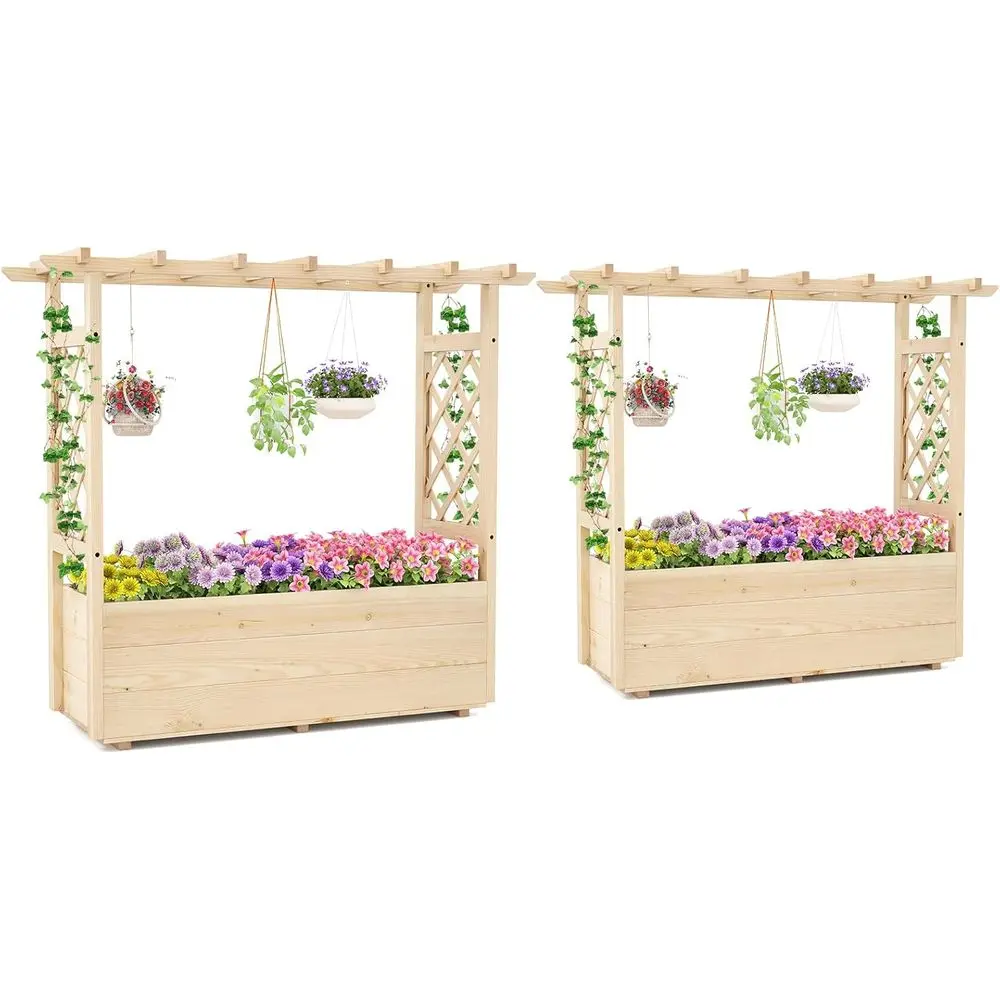 

Raised Garden Bed with Sided Trellis, Hanging Bar, and Wood Planter, Ideal for Herbs and Climbing Vines, 45x16x41