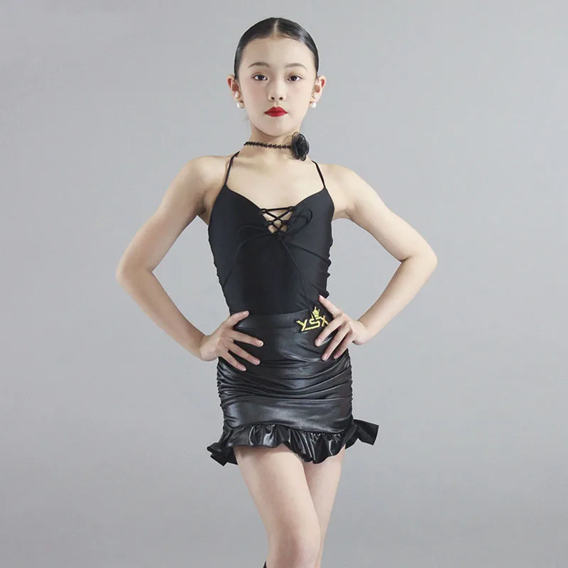 Vêtements de danse latine pour filles, costume de Performance Rumba Tango, robe d'entraînement pour enfants, noir, dos ouvert, jupe body, vêtements de danse latine 1950