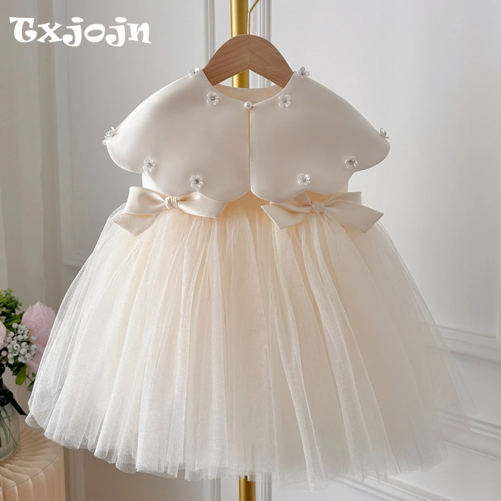 

Puffy Elegant 3D Flower Girls Dresses For Stage Performance Cute Oneck Short Sleeve Kids Princess Gown Wedding Guest Clothes