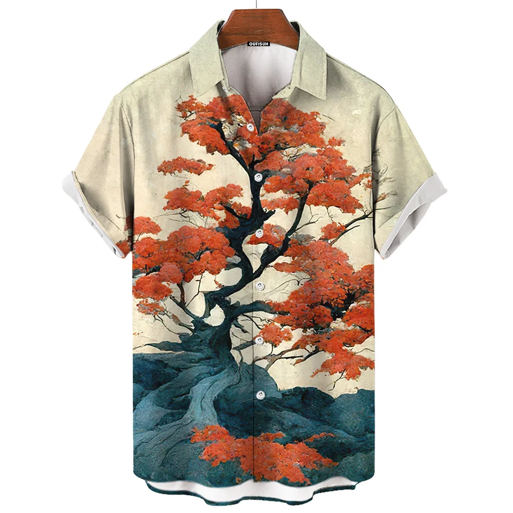 2024 nuova camicia giapponese a maniche corte da uomo con abbigliamento modello ukiyo-e, abbigliamento da strada alla moda oversize estivo