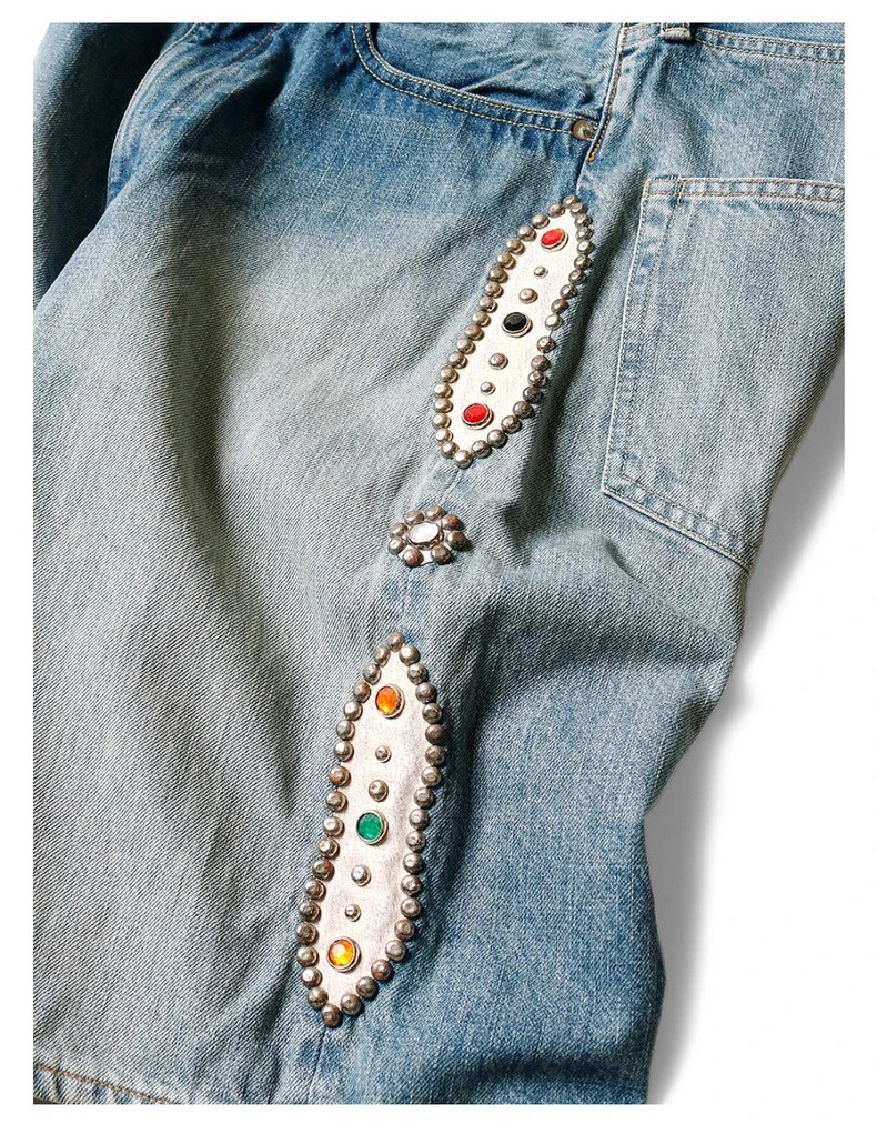 Japan KAPITAL Hirata 23SS New Blue Dyed Retro Made Old Wash Loose Rivet Colored Inlaid Diamond Gem Denim Shorts for Men