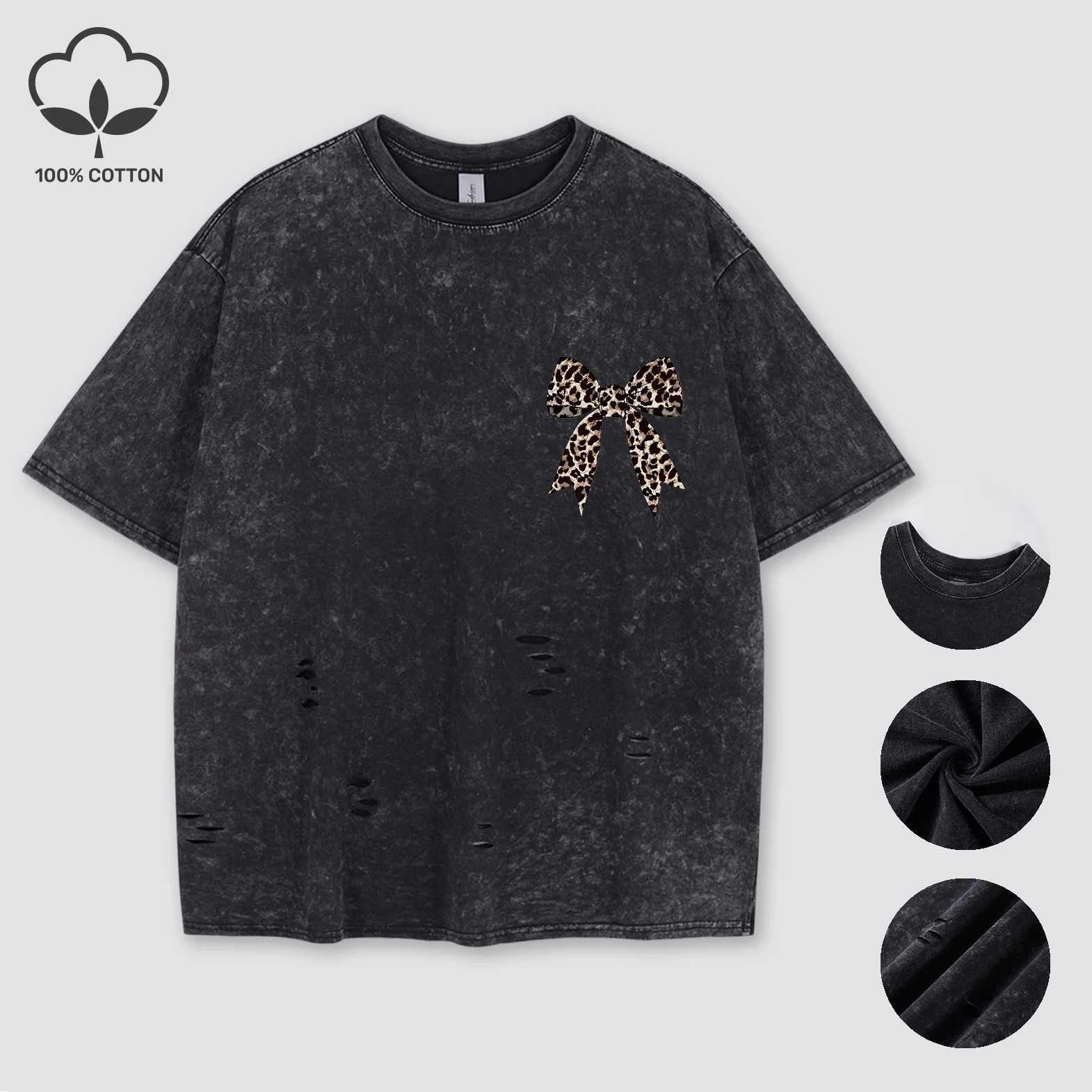 

Y2K Leopard Print Bow Women Holes T-Shirts Hip Hop Summer Trendy T-Shirt Casual Clothes Soft Creative Loose Cotton Washed Tops