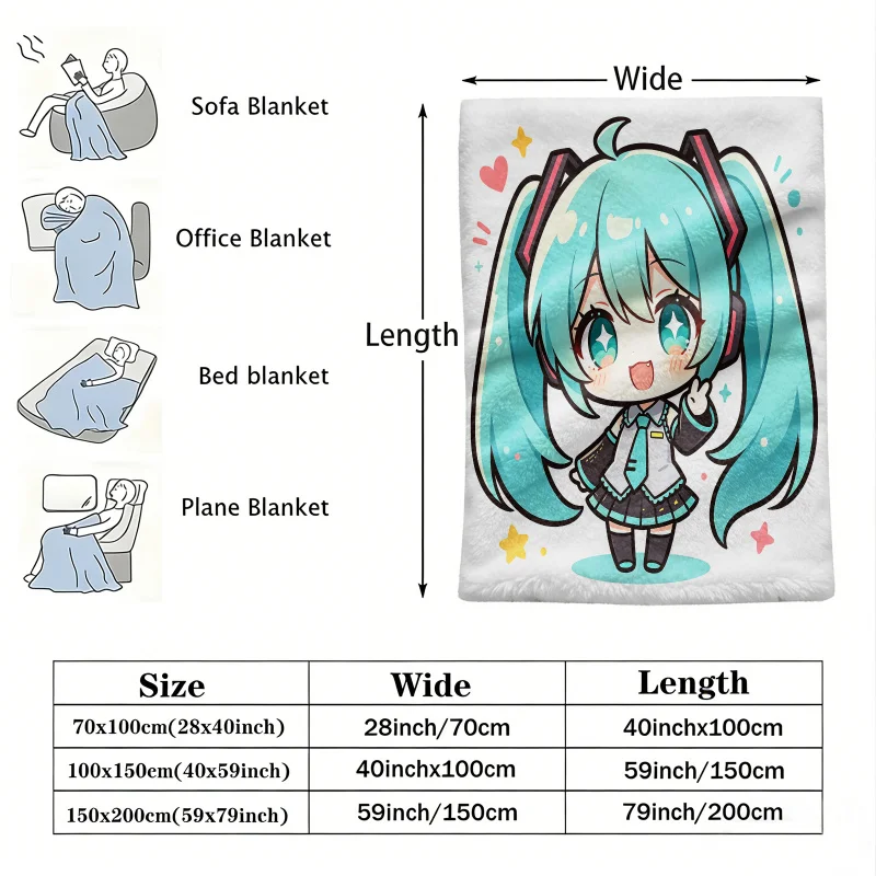 Hatsune Miku Chibi Style Flannel Throw Blanket Bedroom Decor Kawaii Anime Nap Blanket Air Conditioner Throw Sofa Throw Cover
