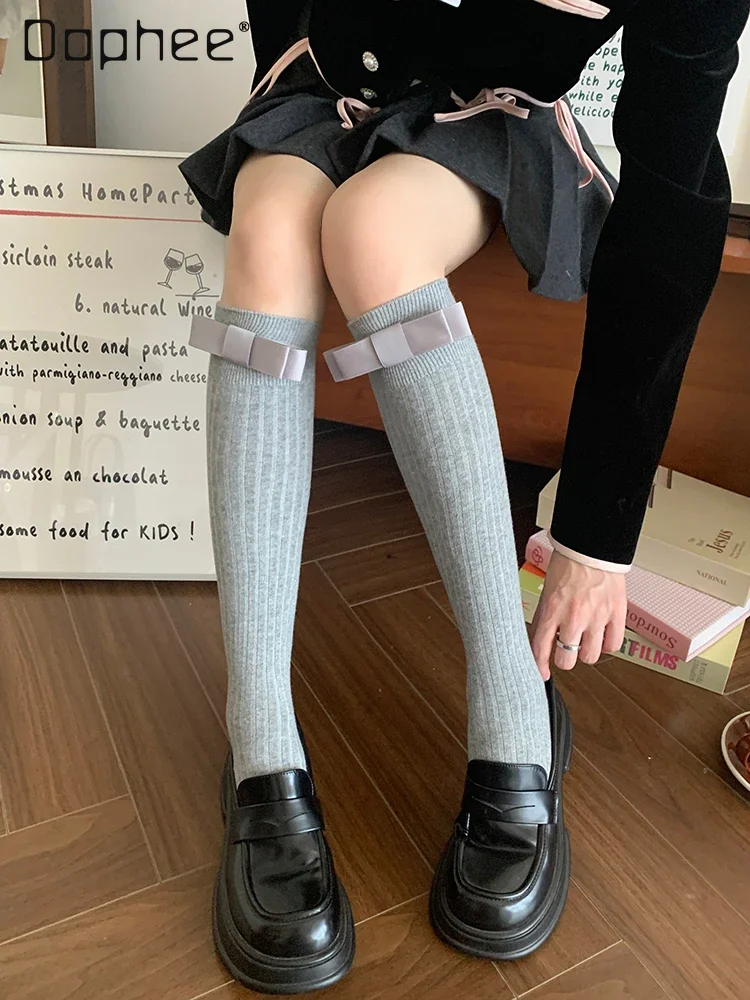 Bow Stockings Solid Color College Style Knitted Cotton Knee Socks JK School Girls Skinny Long Socks Women Japanese Fashion