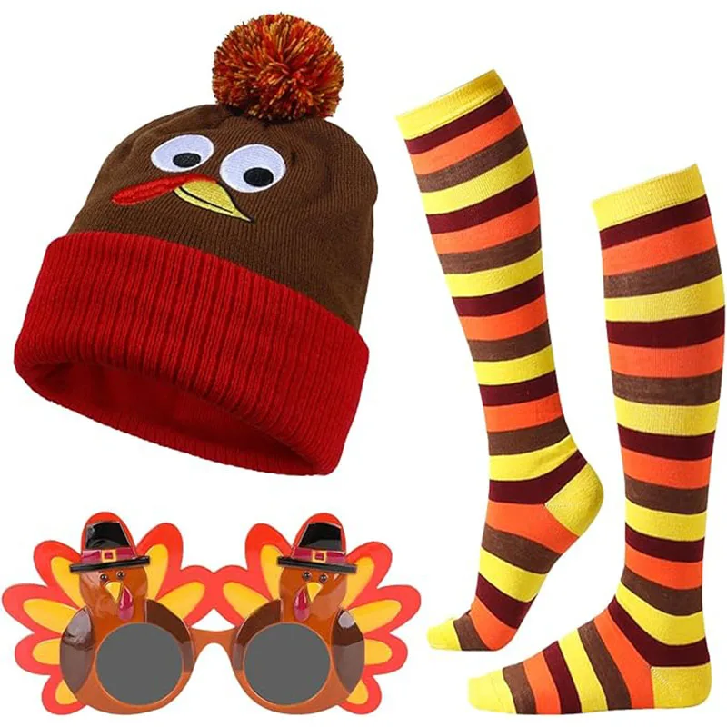 3 stks Thanksgiving Turkije Kostuum Set Turkije Trot Kostuums Accessoires Met Sokken Hoeden Bril Meisje Vrouwen Mannen Halloween Cosplay