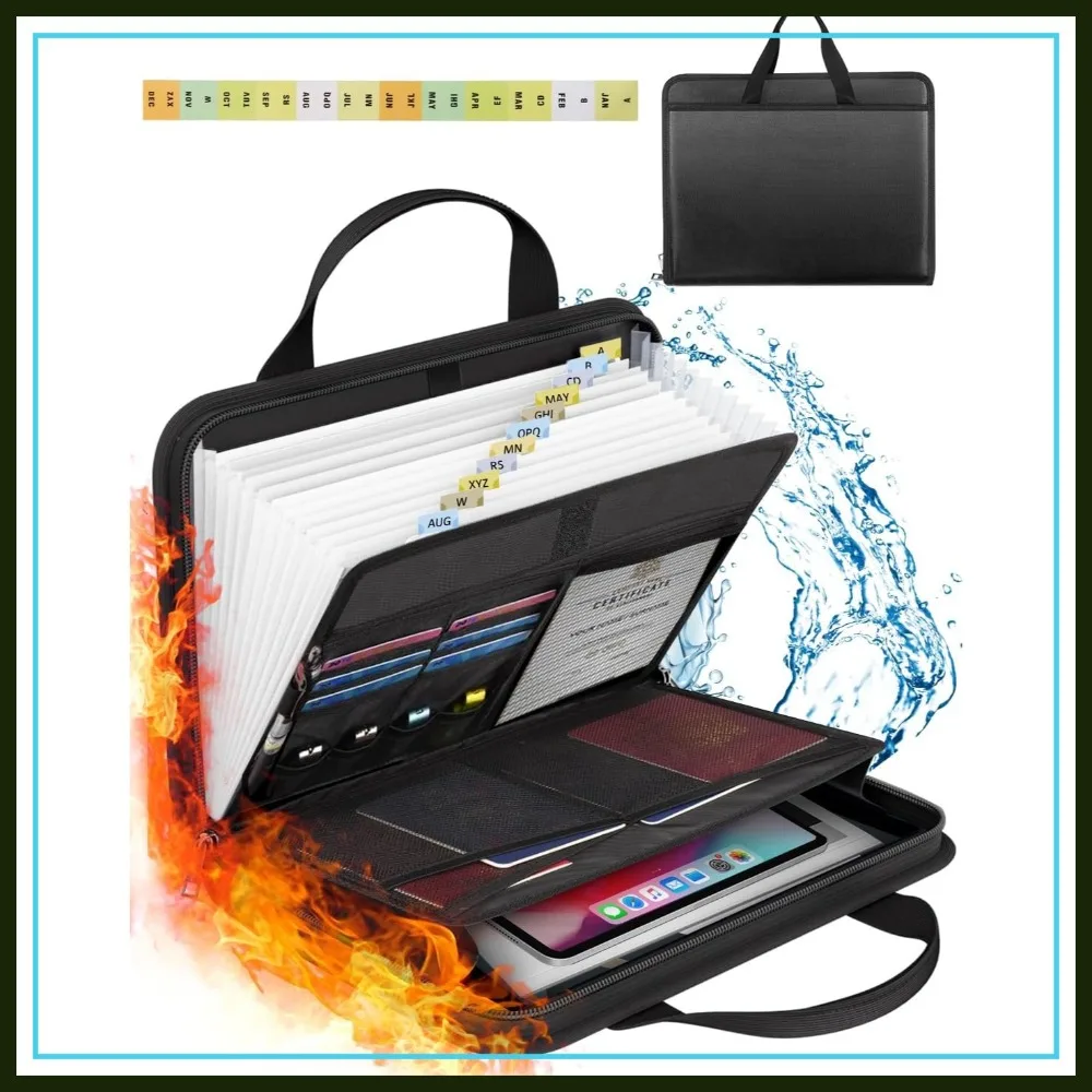

Fireproof Expanding File Folder Storage Box with Zipper, 13 Pockets Accordion Organizer for Business Office Receipt Travel