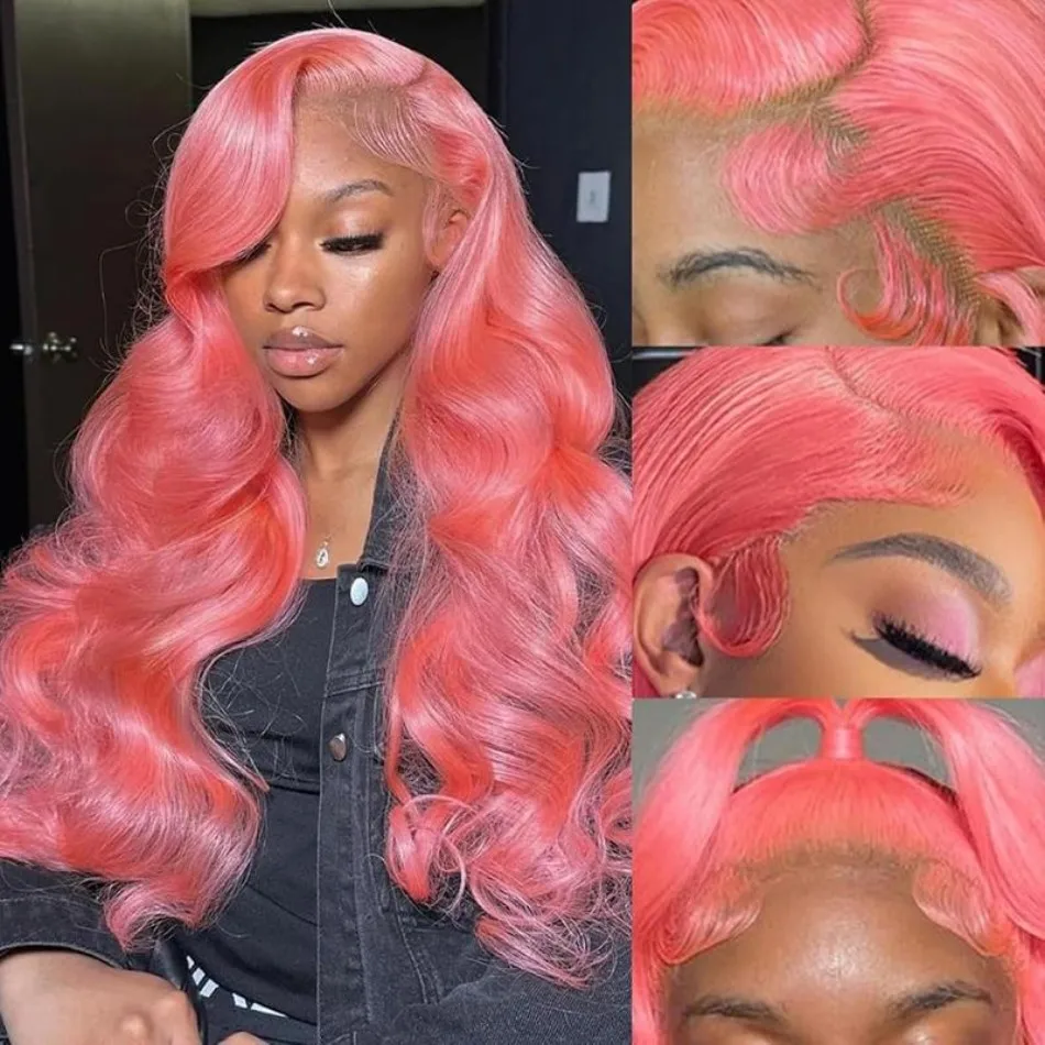 Peruca de Cabelo Humano Rosa com Ondas Corporais Coloridas, Peruca Frontal de Renda 13X6 HD, Peruca Brasileira Original de 40 Polegadas com Densidade 250