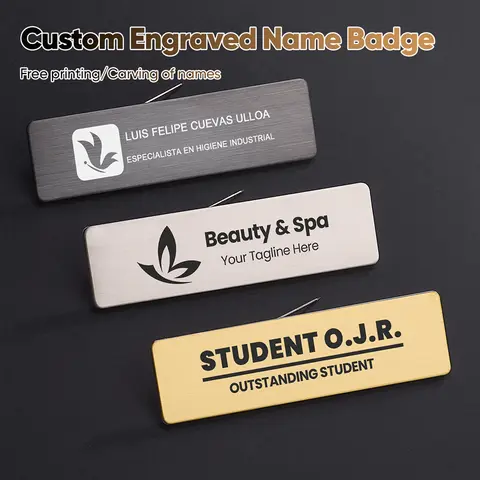 70x20mm Free Personalize Metal Name Plate Custom Engraved in Black With Your Text Brand LOGO Title Position Badge Needle Tag