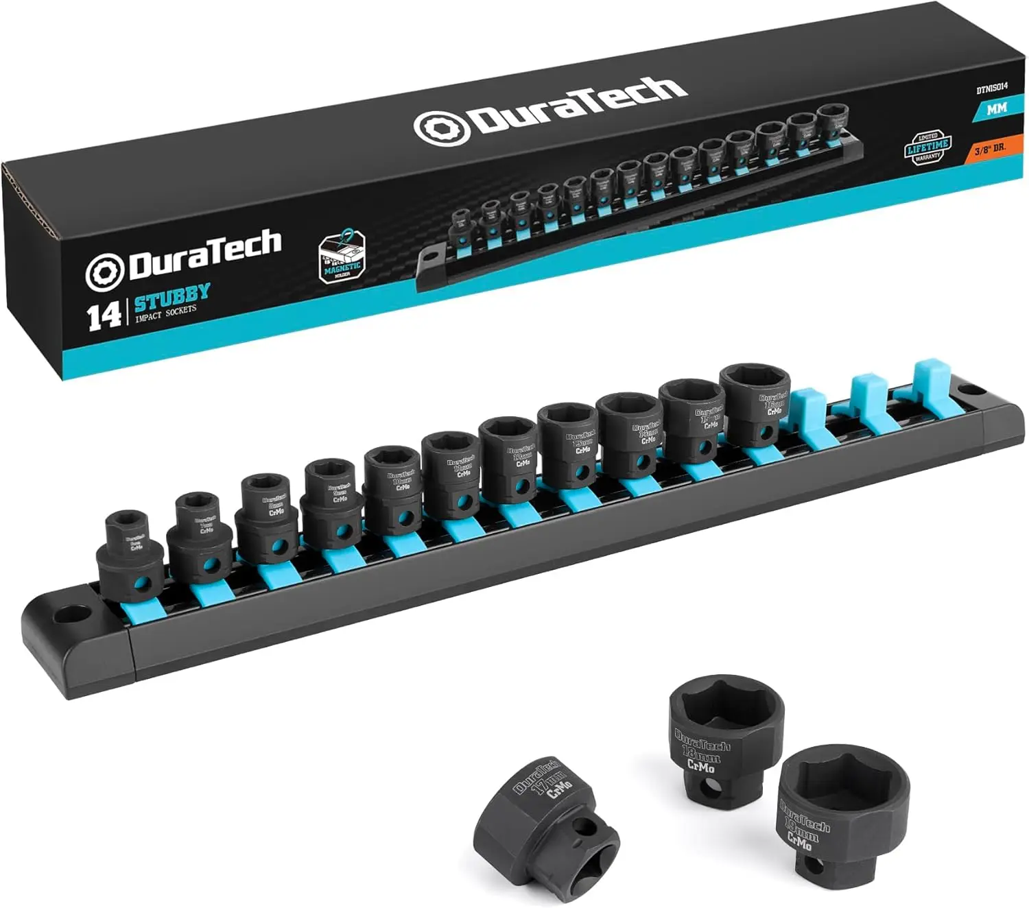 

3/8' Drive Stubby Impact Socket Set, 14-Piece Metric, 6-19mm, Cr-Mo Steel, Magnetic Storage