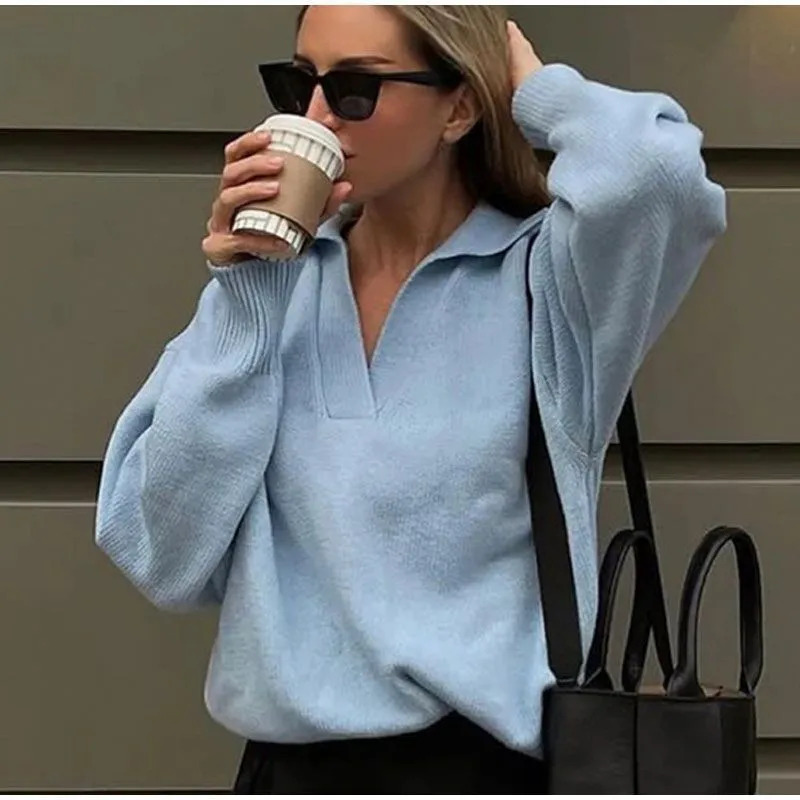 POLO Collar Casual Sweater Pullovers Women Autumn Winter Loose Solid Tops Female Long Sleeve Outfit Clothes 2023