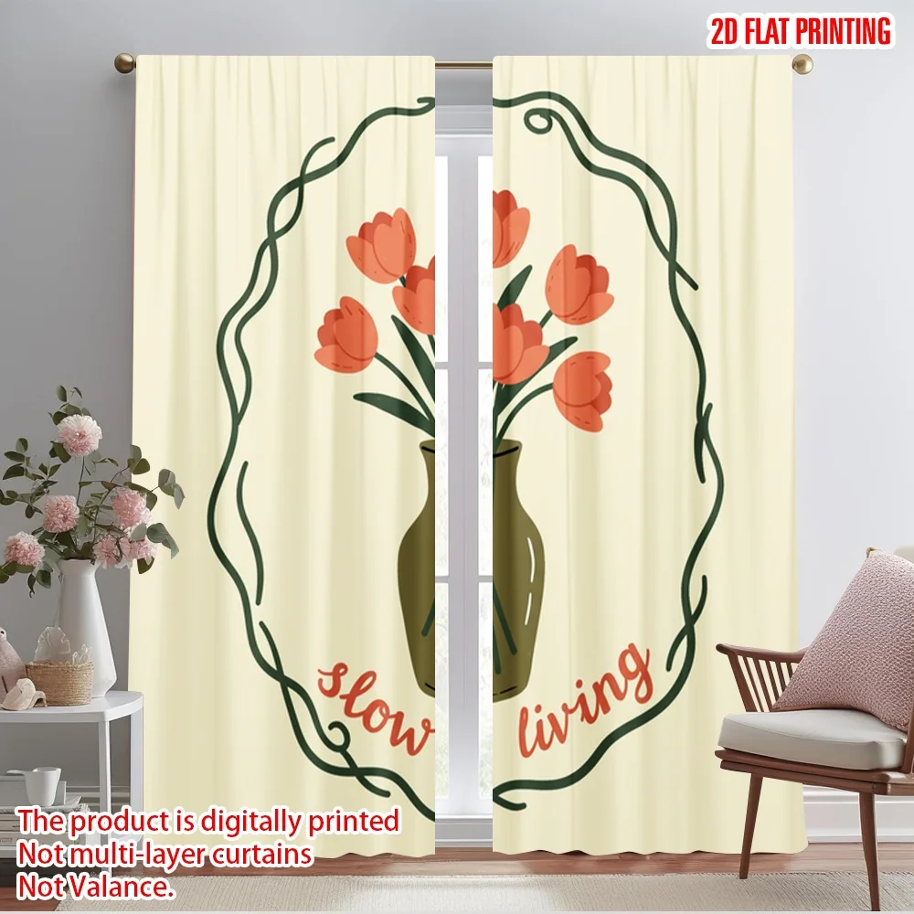 

2pcs 2D flat printing Scene Curtain Slow Living Tulips Vase 100% Polyester Fabric Without Electricity Festive Holiday for