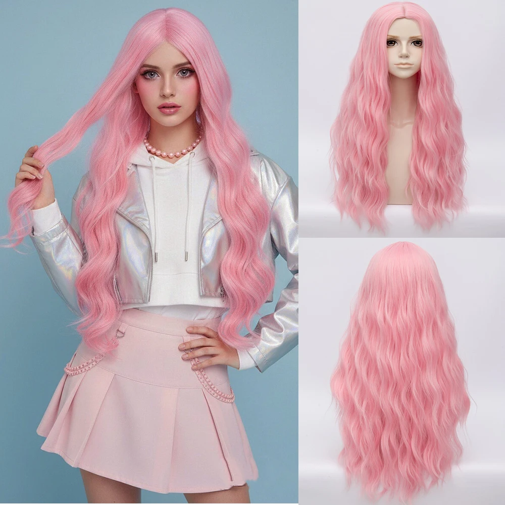 

Синтетический длинный вьющийся волнистый розовый парик Лолиты для вечеринок с челкой для женщин, косплей, рождественские реалистичные накладные волосы, термостойкие