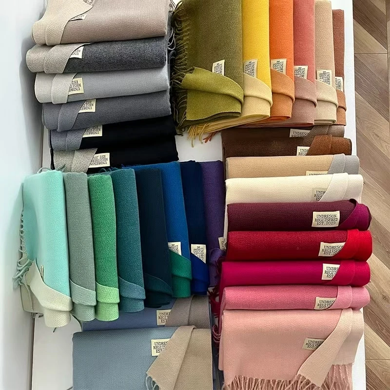 Cross border double-sided imitation cashmere scarf for women's winter warmth, couple's high-end feeling, mid length scarf, solid