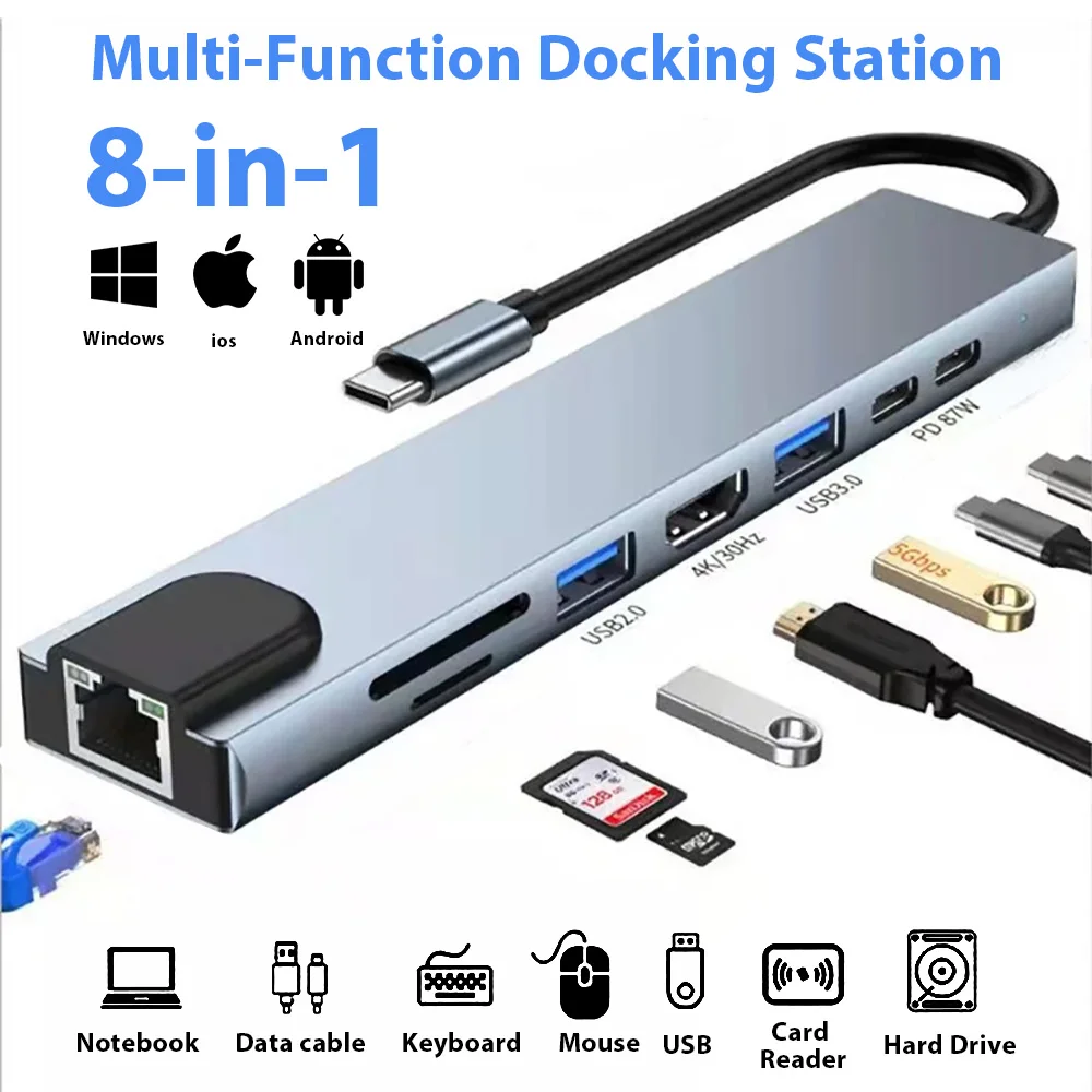 3.0 USB Hub 8 In 1 Usb Multiples Puertos For Mobile Phone Charging U Disk Reader Hard Disk For MacBook HP Laptop Type C Extender