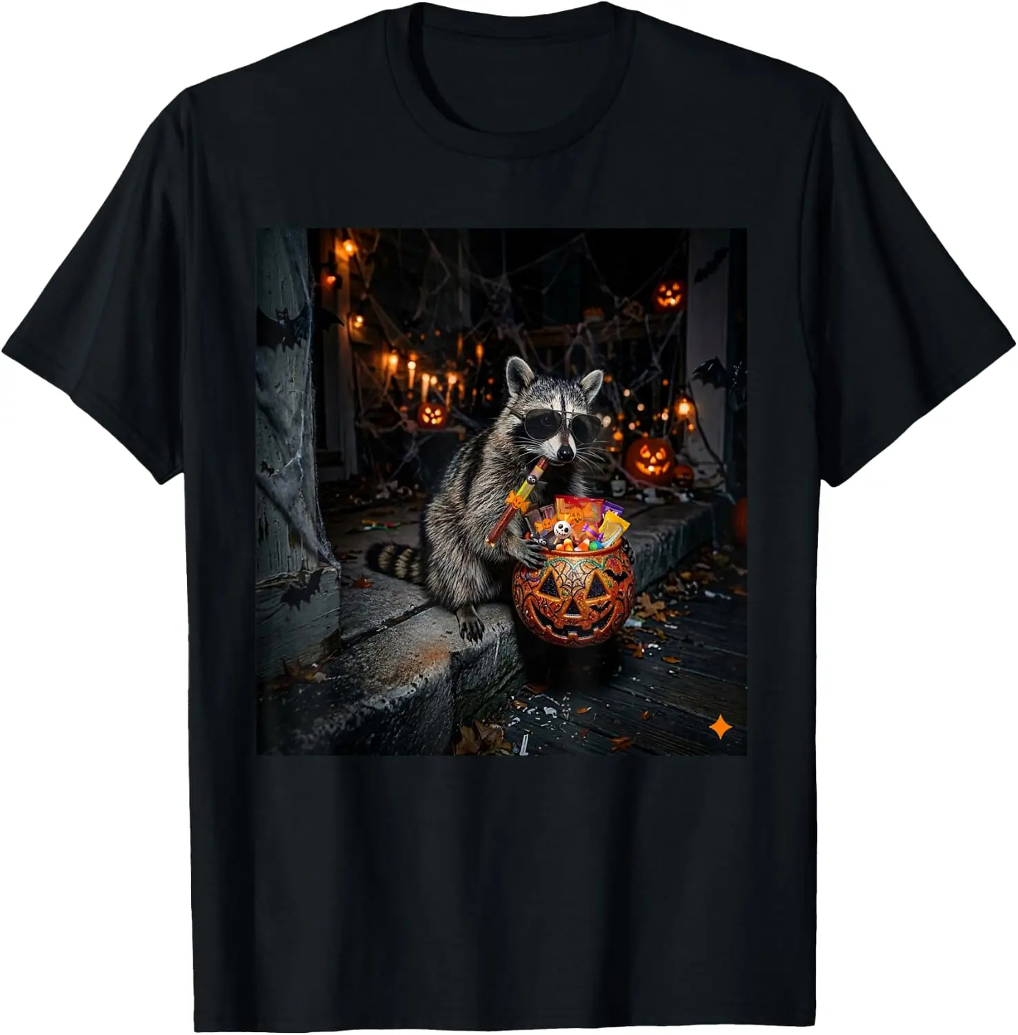 Funny Raccoon Tricking Or Treating Pumpkin Halloween T-Shirt Trendy Vintage Graphic Tee Gift For Men Women Teen Boys Girls
