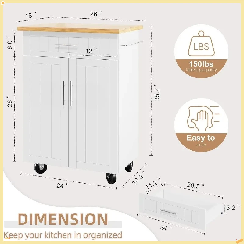 White Large Kitchen Island Cart with Worktop, Cabinet, Drawers & Towel Rack - Modern Rolling Mobile Kitchen Cart for Home Cooks