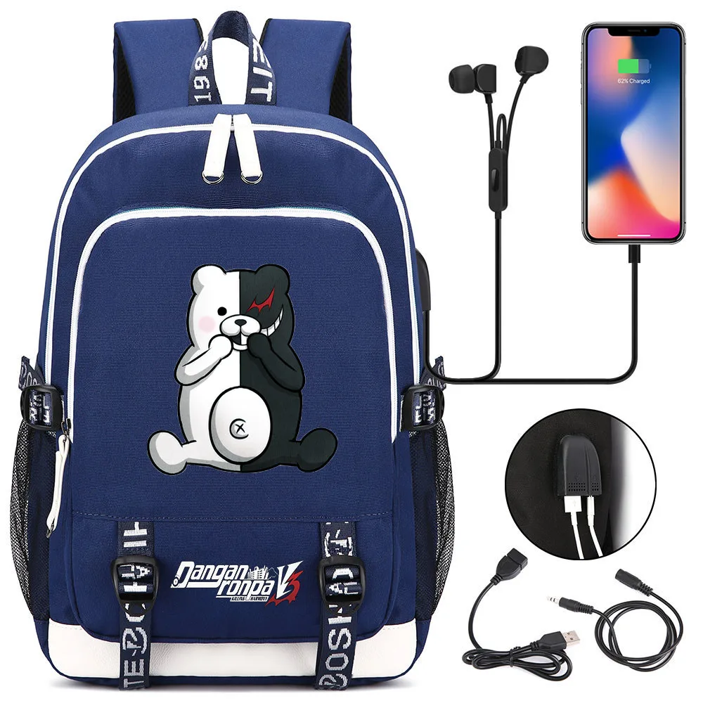 Danganronpa mochila das mulheres dos homens de carregamento usb portátil viagem mochila menino menina adolescente escola mochila casual