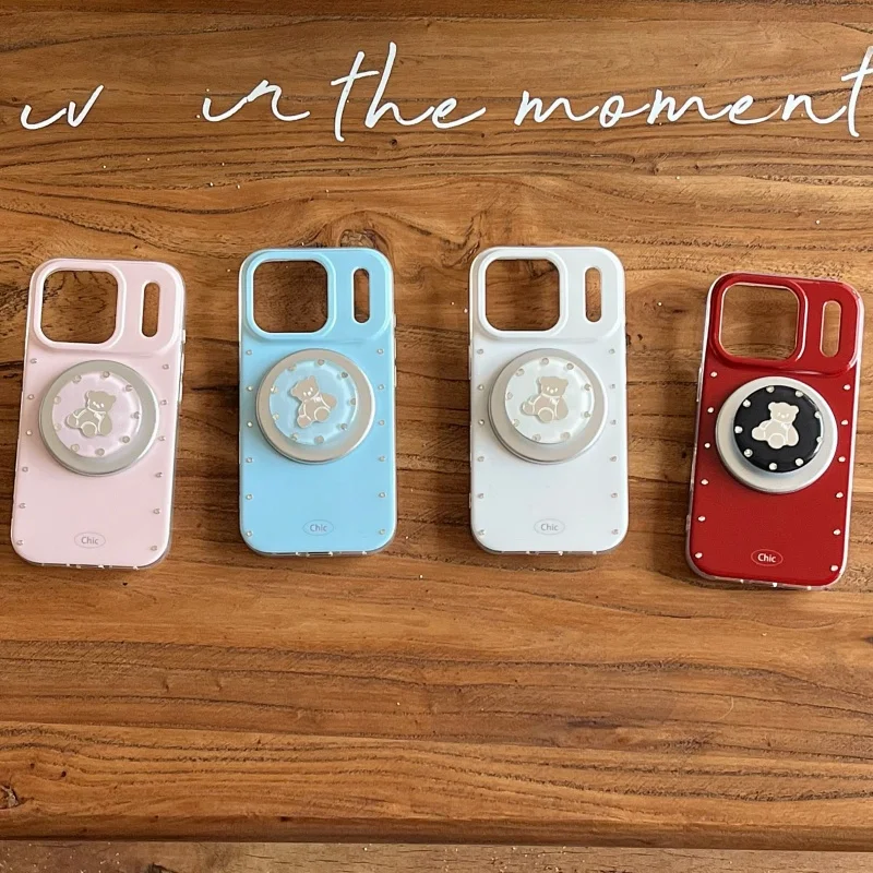 

Luxury Glitter Diamond Solid Color Magnetic Phone Case For iPhone 17 Pro 16 15 14 Pro Max Cover with Bear Stand For Magsafe Case