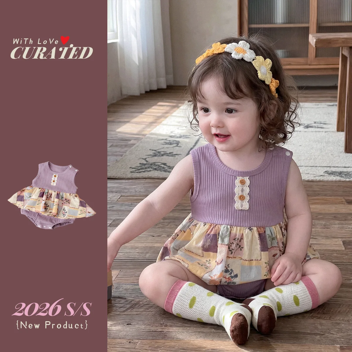 Baby Girl's Summer French Jumpsuit, Girls' Pit Stripe Floral Splicing, Khai Crawling Suit, Newborn Summer Outdoor Suit