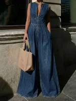 Yeezzi 2026 New Casual Sleeveless Denim Jumpsuits For Women High Waisted Wide Leg Loose Daily Wear Date Night Summer Jean Romper - Image 2