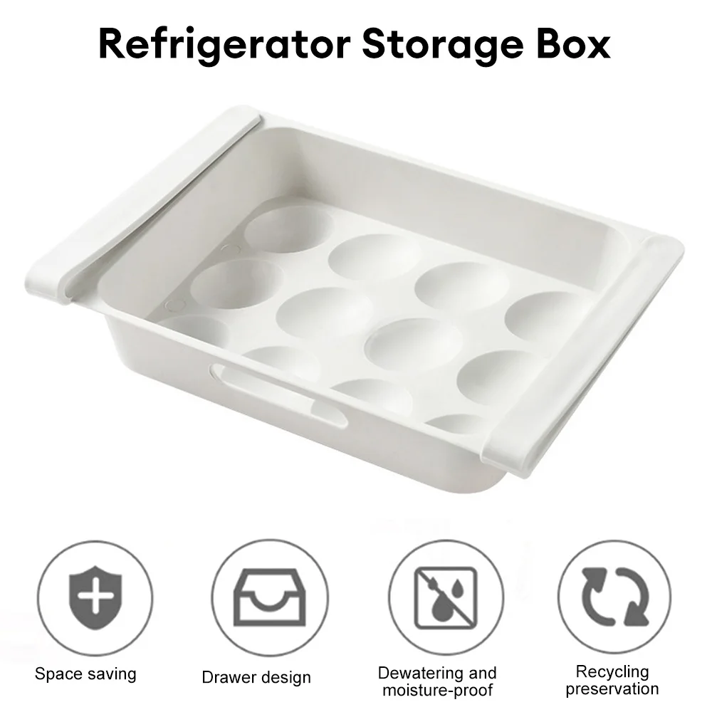 12 Grid Pull-out Fridge Egg Drawer Refrigerator Egg Fruit Storage Box Drawer Type Food Crisper Fridge Organizer Carton