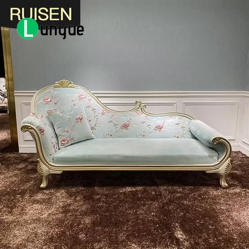 European Solid Wood French Chaise Lounge Warm Grey Fabric Upholstered Concubine Chair Elegant Living Room Bedroom Furniture