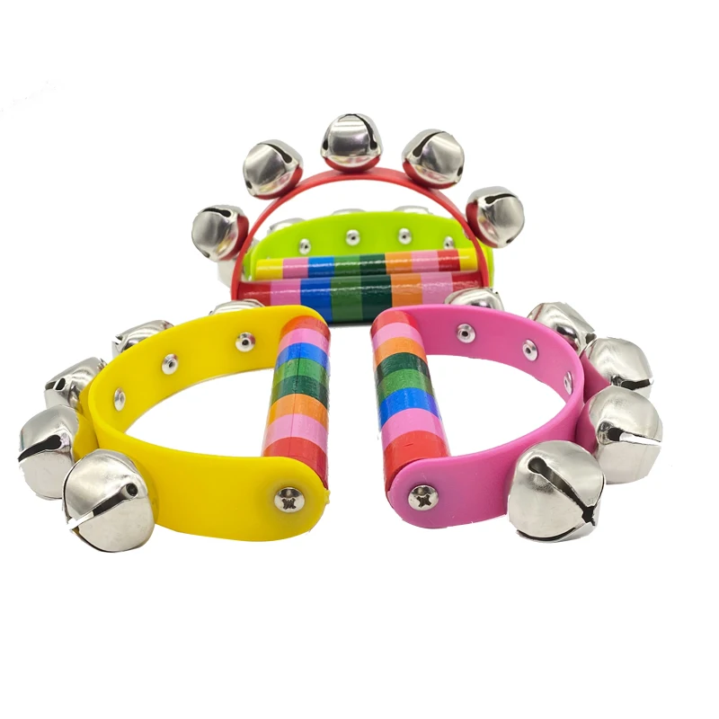 Treeyear Rainbow Handle Jingle Bells Wooden Handheld Sleigh Bells Tambourine Handbell Jingle Shaker Bells（Random color)