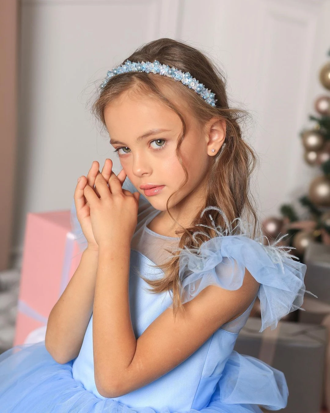 2024 Light Blue Flower Girl Dress For Wedding Tulle With Big Bow Puffy Knee Length Princess Kids First Communion Gown