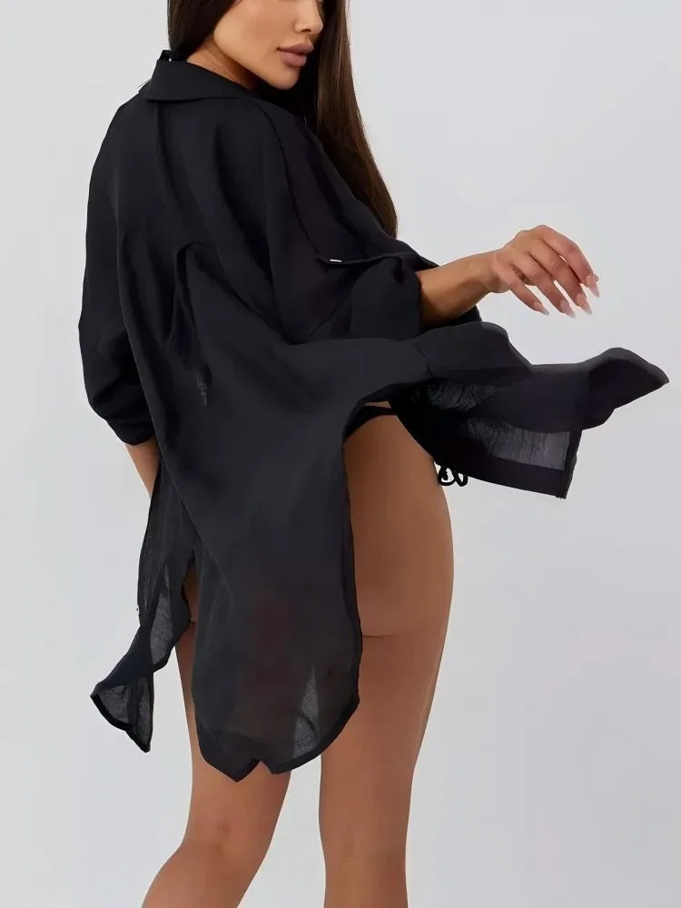 Fashion Beach Vacation Women's Swimsuit Cover Shirt Pleated Shirt Dress Sunscreen Women's Beach Wear Bikini Swimsuit Cover Shirt