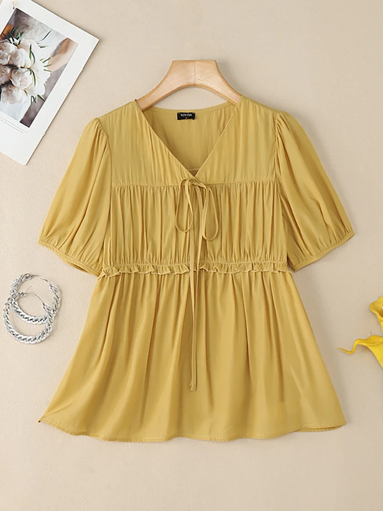 VONDA Fashion Tops Women Summer Short Puff Sleeve Blouse 2025 Stylish Pleated Ruffled Shirts V-Neck Bandage Casual Solid Blusas