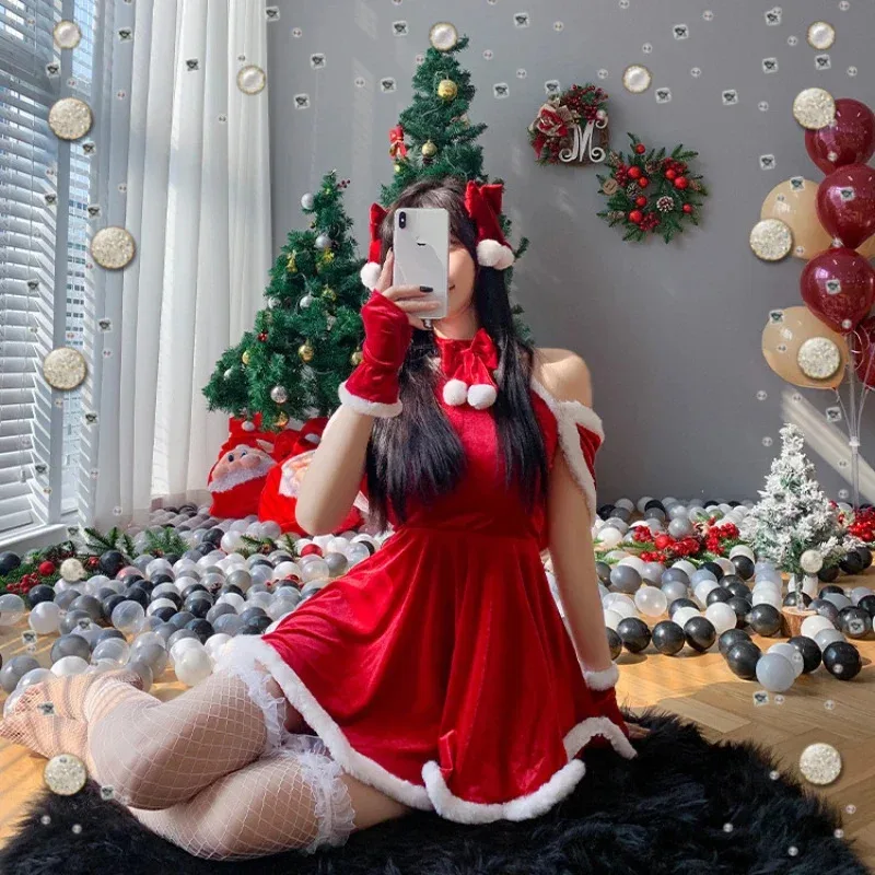 15 Style Christmas Costumes Lolita Maid Red Dress Women Soft Velvet Bunny Lingerie Xmas Red Santa Claus Cosplay Party Outfits