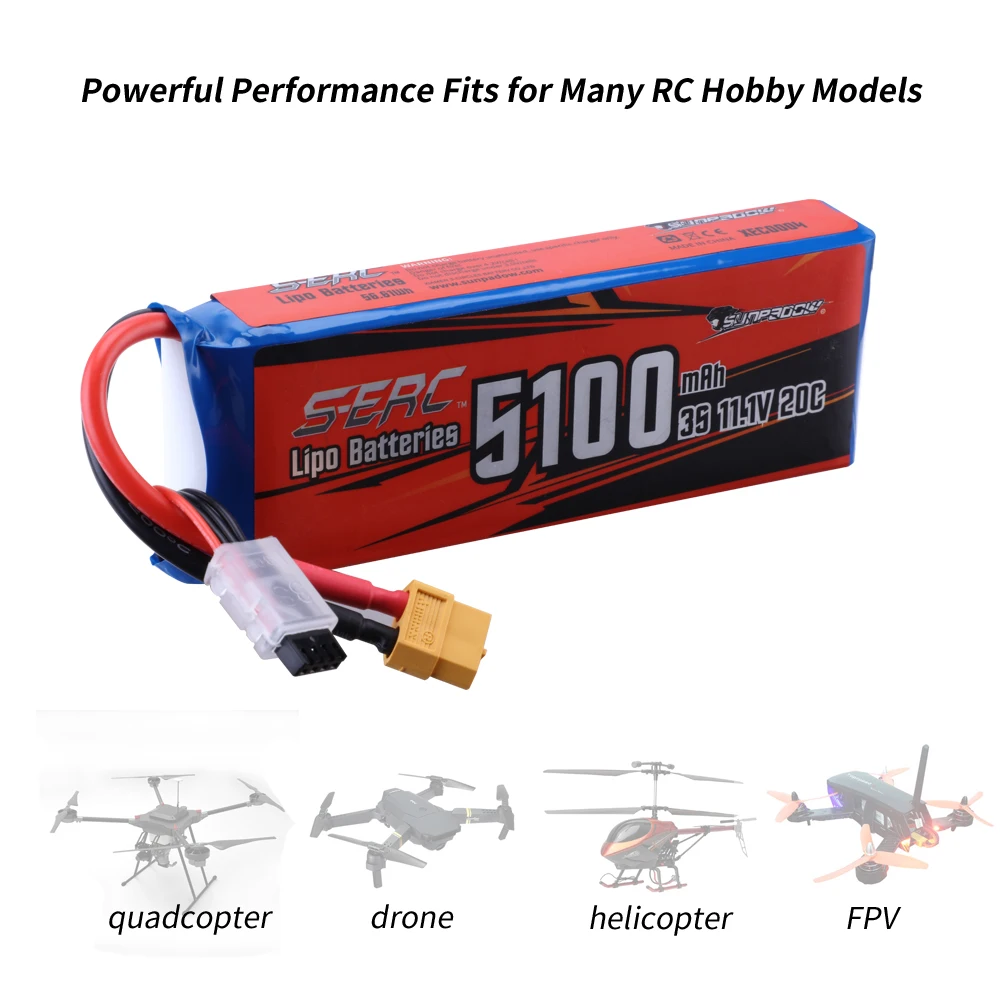 Sunpadow RC 3S 4S 6S Lipo Battery 5100mAh for 11.1V 14.8V 22.2V with XT60 XT90 Plug For Rcing Airplane Drone FPV Helicopter