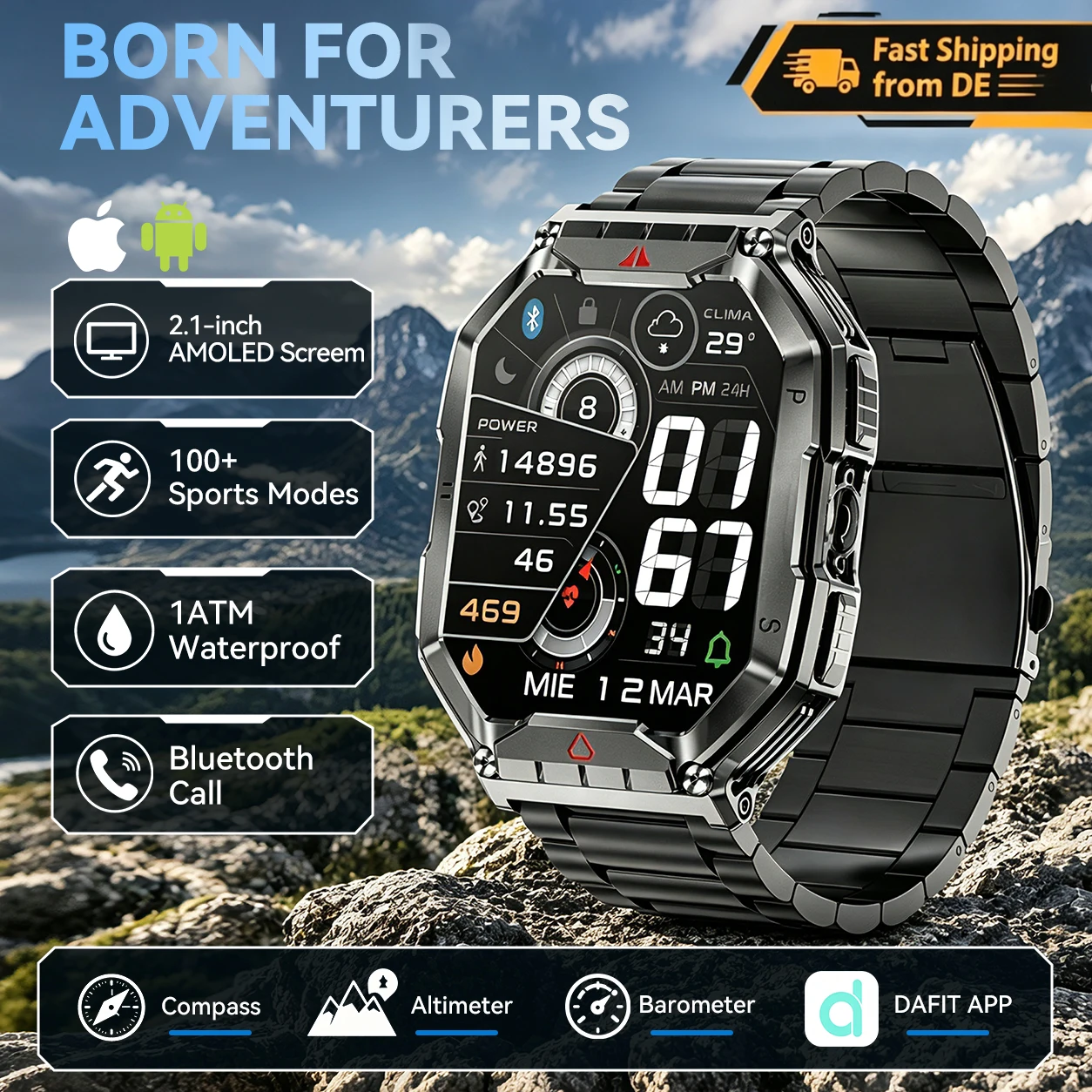 【DE Local Stock】Smartwatch uomo schermo AMOLED 2,1 pollici, assistente vocale AI, chiamata Bluetooth, oltre 100 modalità sportive, fitness tracker, impermeabile 1ATM, compatibile Android iOS