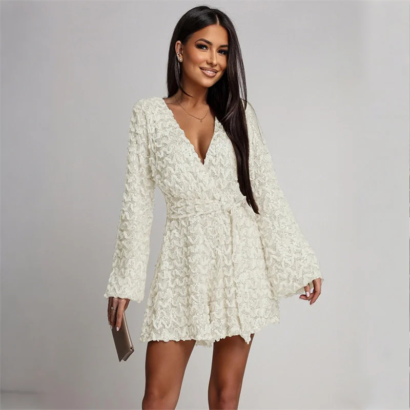 

Новые женские сексуальные комбинезоны с длинным рукавом и глубоким v-образным вырезом с блестками и поясом, повседневные блестящие комбинезоны для вечеринки, дня рождения, клубные комбинезоны