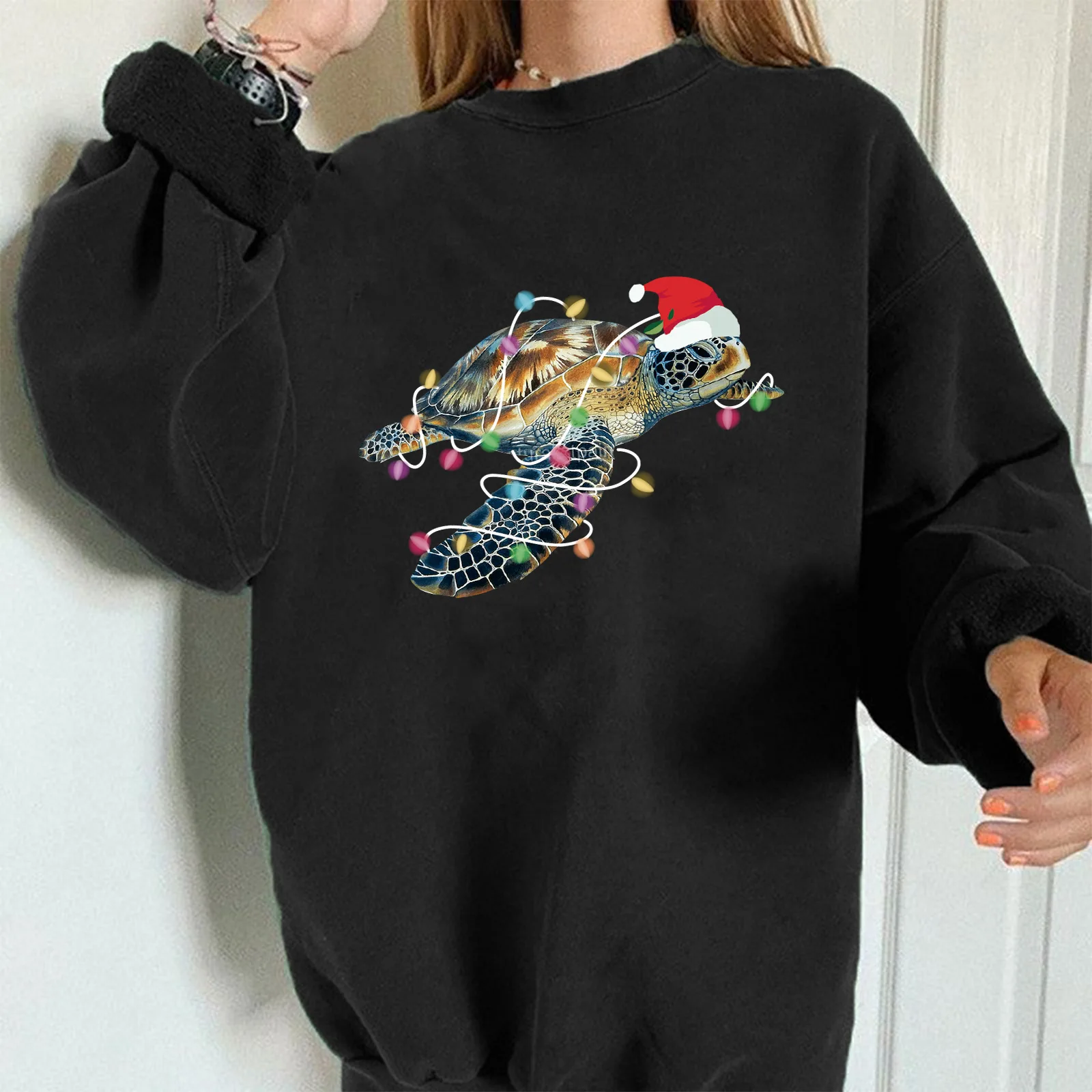 

Осенний новый рождественский фонарь с рождественским принтом черепахи, повседневный пуловер с капюшоном и круглым вырезом, толстовки, уличная женская одежда