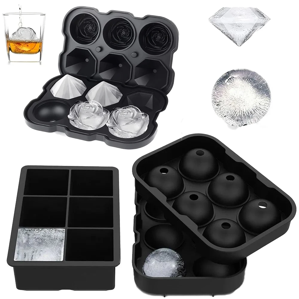 Große Silikon-Eiswürfelformen mit 6 Gittern, Tablett mit Deckel, Eisbällchenmaschine mit Deckel und großer quadratischer Eiswürfelbereiter für Whisky-Cocktails