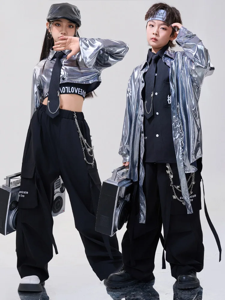 Hip Hop Girls Costume Jazz Dance Wear Children Street Dance Performance Clothing Fashion Outfit Silver Shirt Pocket Pants