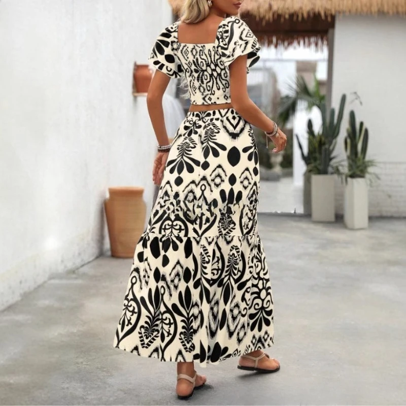 2025 Summer Fashion Plant Flower Printed Casual Vacation Street 2 Piece Set Women Square Neck Short Sleeve Crop Top Maxi Skirt