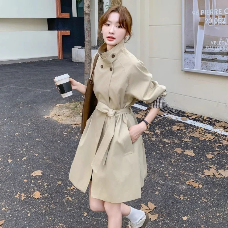 Trench da donna con cintura doppio petto Slim Fit di media lunghezza stile coreano Cappotto primaverile casual Capispalla W1849