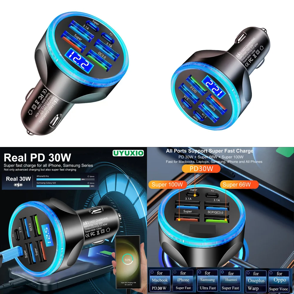 Full PD 30W 4 USB a Multi Port USB Car Charger Adapter with Voltage Display Fast Charge with Volt Meter Dropshipping Products