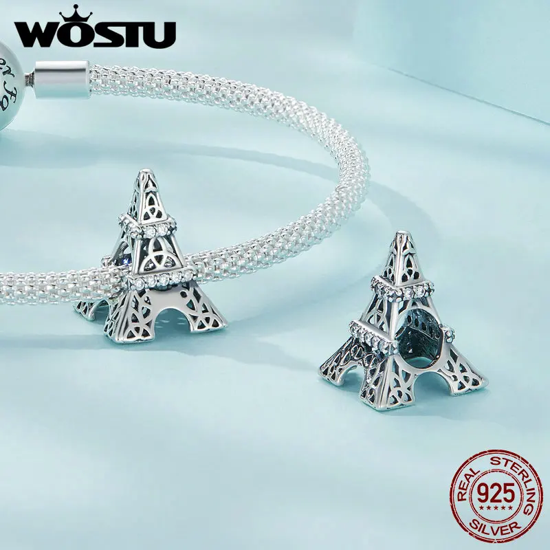 WOSTU-Colgante de Plata de Ley 925 con diseño de la Torre Eiffel, abalorio de elefante estilo Retro de la Torre Eiffel del mundo de viaje