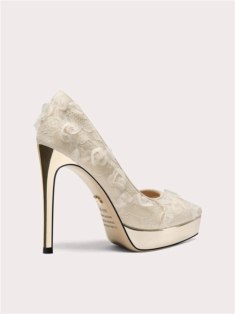 High heels spring new pointed beige lace rose waterproof table shoes banquet large size small size wide version flat women shoes