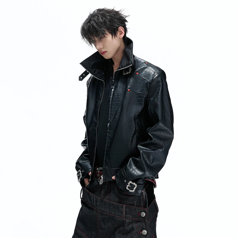 LUZHEN Diamond Decorate Stand Neck Textured Pattern High Quality Leather Jacket Men's Fashion Handsome Motorcycles Coat JY8341