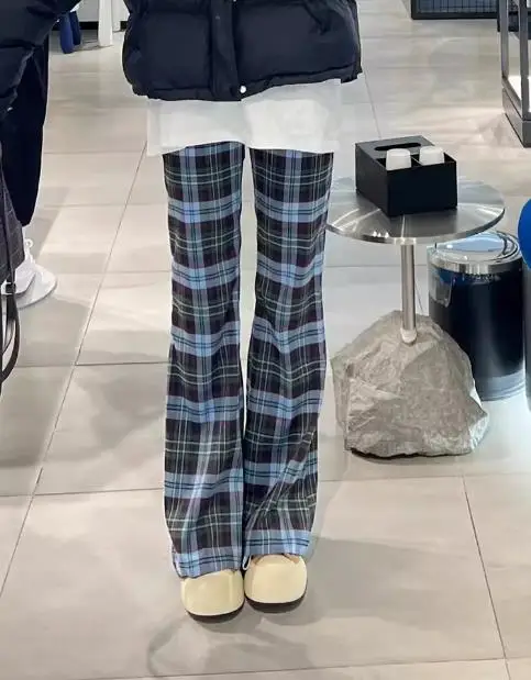 

Осенние новые брюки-клеш в стиле «пикантная девушка», с высокой талией, облегающие, повседневные, в стиле ретро, с контрастными цветами и клетчатым узором, для женщин