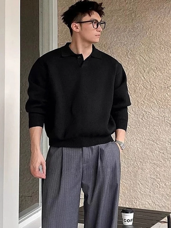 

American Retro Collared Sweater Men's Autumn Winter Loose Casual Knitted irt Korean Versatile Outerwear Top Polyester Fiber