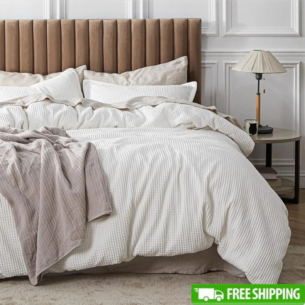 

100 Cotton Waffle Weave Duvet Cover Queen GentleSoft Breathable Bedding Pillow Shams Cozy Comforter Set Machine Washable Durable