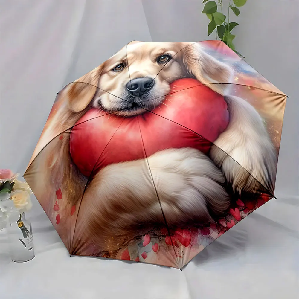 1PC Adorable Dog Holding a Heart on Colorful Umbrella Design Print 8 Iron Ribs Folding Umbrella Auto-Open Fashion Sunshade