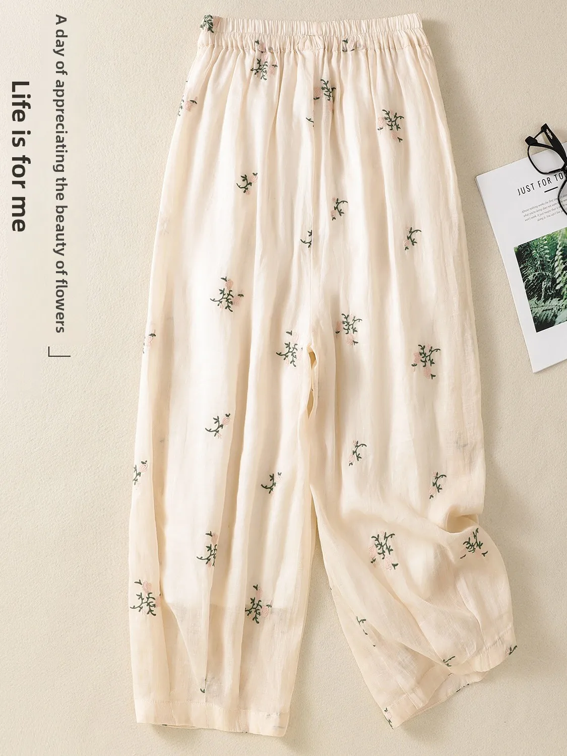 Retro Chinese Sle Embroidered Floral Hemp Lantern Pants Women Summer Lightweight Cool Double Layer Casual Hemp Material Nin...