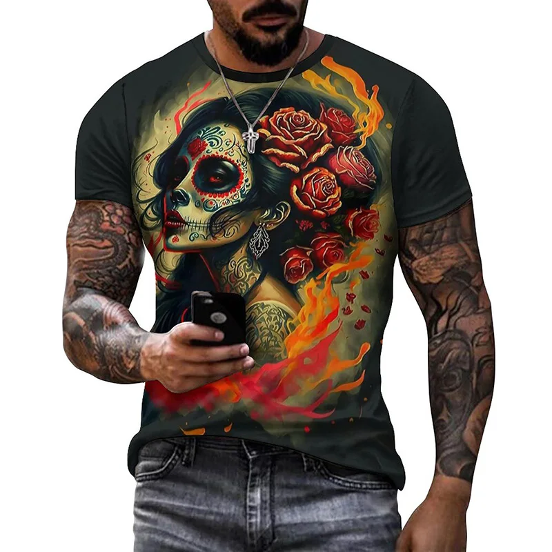Summer Women 3D Pattern Skull T-shirt Halloween T Shirt Mexican Day Of The Dead Tee Horror Style For Men Festival Attire Gift