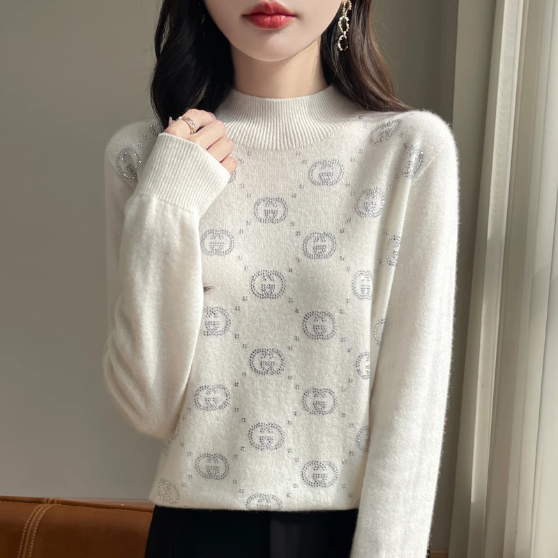 

2024 Autumn/Winter New Knitted 100% Pure Wool Women's Half High Collar Casual Fashion Woolen Sweater Woolen Sweater